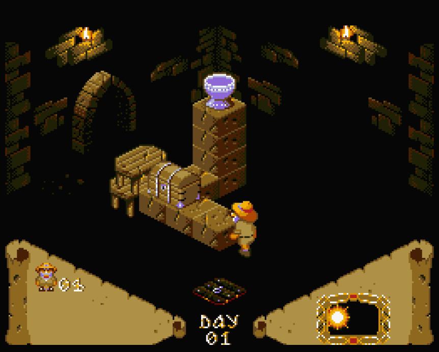 Ekran izometrycznej gry przygodowej na MSX („DAY 01”)